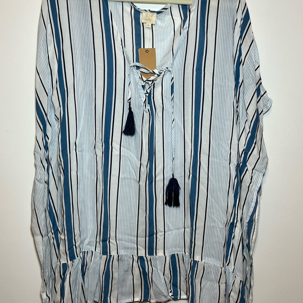 Surf Gypsy White and Blue Tie Front Blouse Medium NWT
